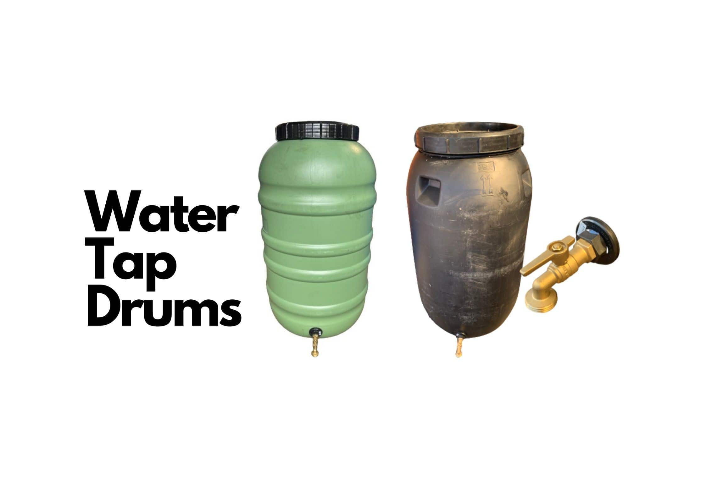 Plastic drums with garden hose tap, rainwater tank