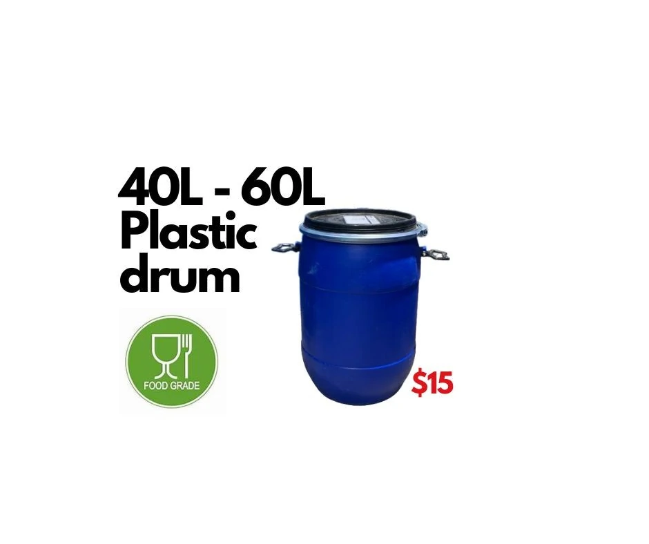 40 to 60L plastic barrels for home, farm or garden use.  Food grade suitable for preserving cabbage, olive oil, bird seeds, cat or dog food.