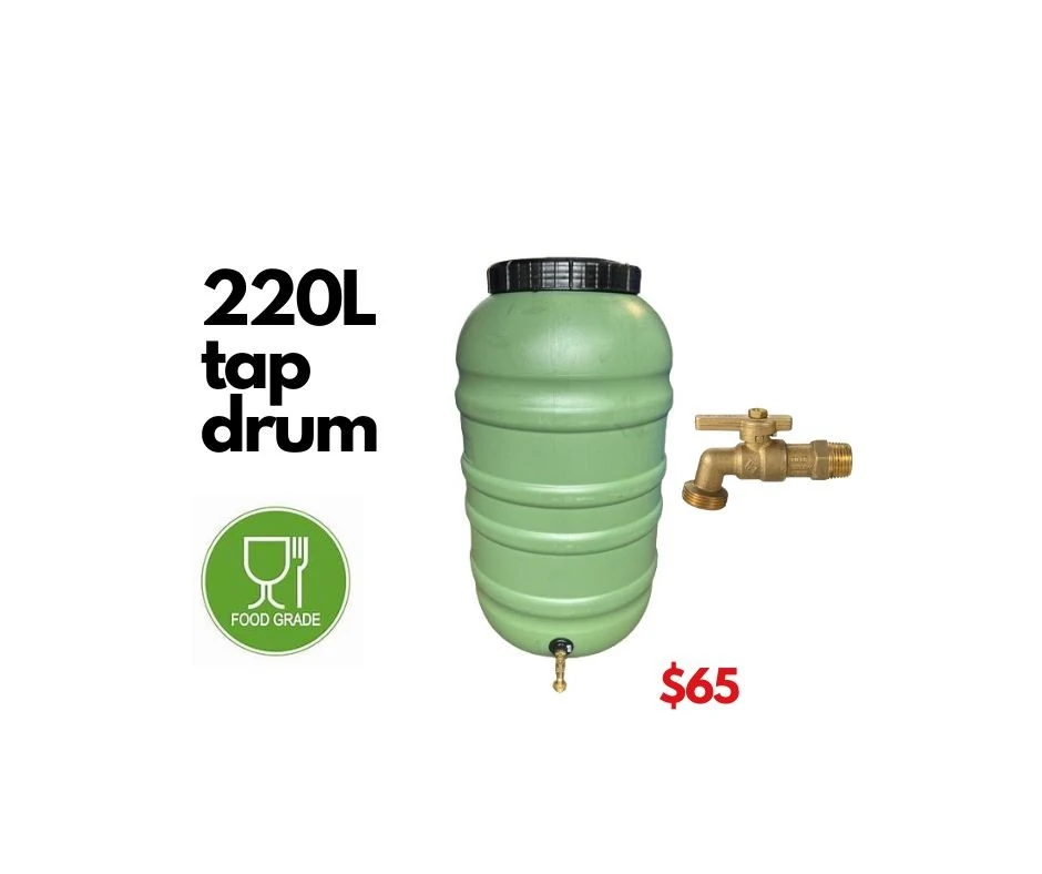 220L plastic rainwater tank drum barrel with garden hose tap.