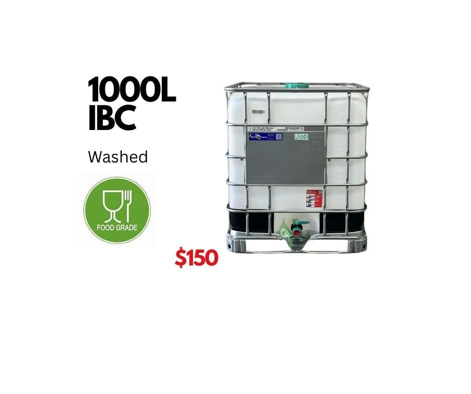 1,000L IBC tank.  Pressure washed, sanitized, drained and heat dried.  Ready to use for drinking water.