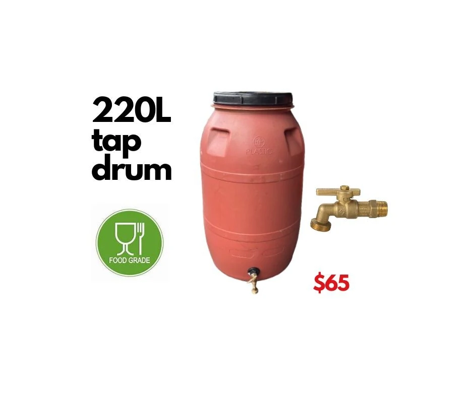 220L plastic water barrel with garden hose tap.