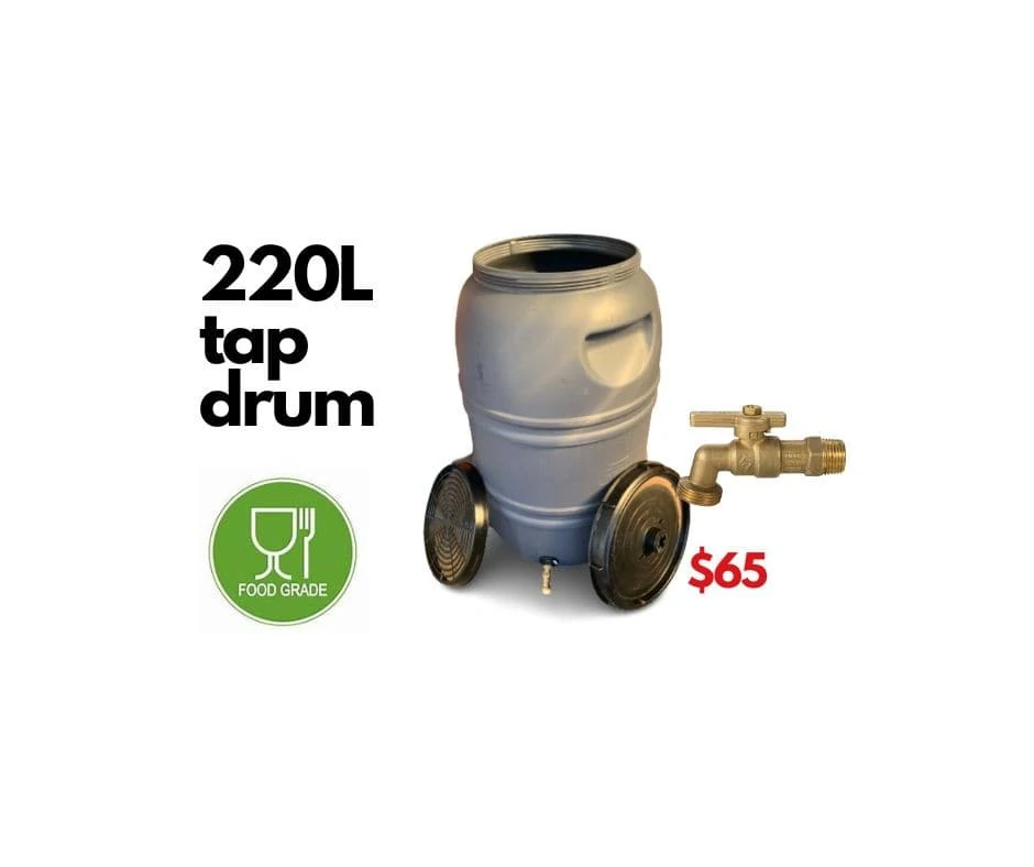 220L plastic water drum with garden hose tap. food grade