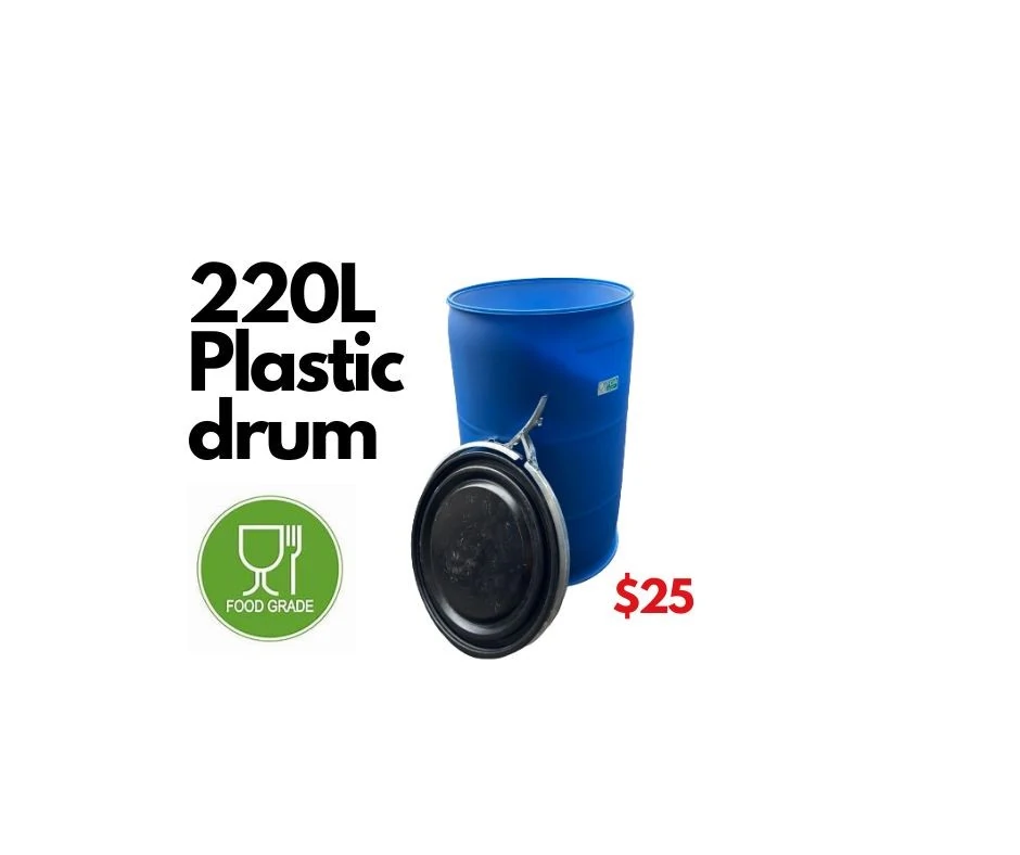 220L plastic barrels, food grade, suitable for rainwater storage, garden use, storage and manufacturing transport.