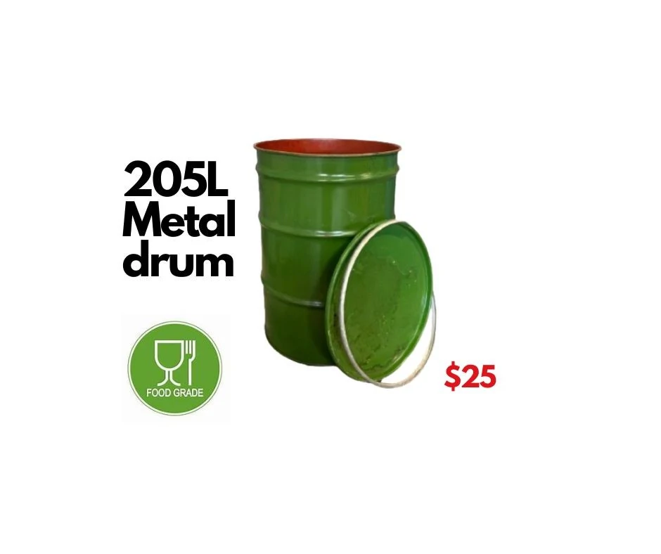 205L or 44 gallon metal drums open top with lid and locking ring.  Food grade suitable for fire pit, storage, manufacturing bulk product storage and transport.