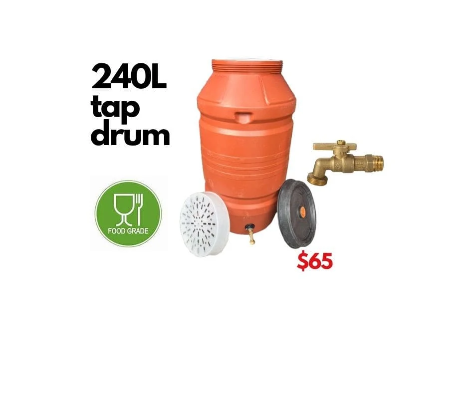 240L plastic rainwater tank drum with garden hose tap.