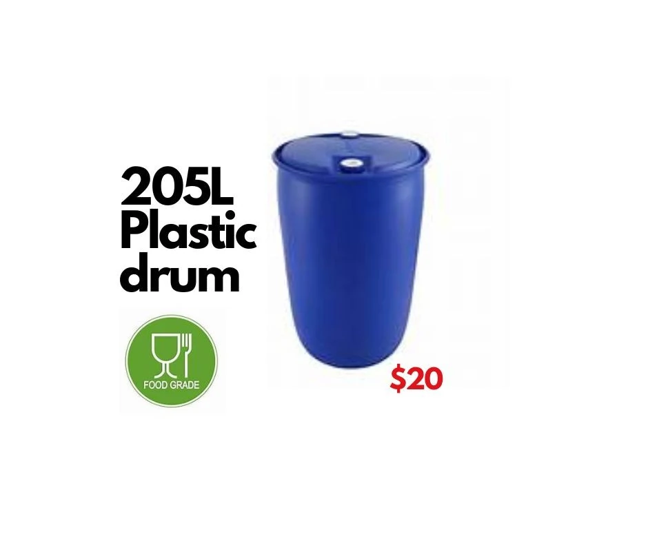 205L plastic barrels, food grade. Suitable for industrial use, pontoon rafts and garden use.