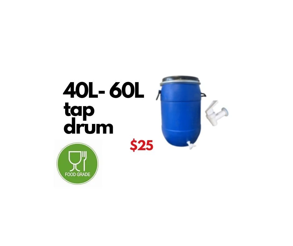40-60L plastic barrel with plastic tap to dispense water, oil or any liquid. Suitable for food water and garden use. Food grade.